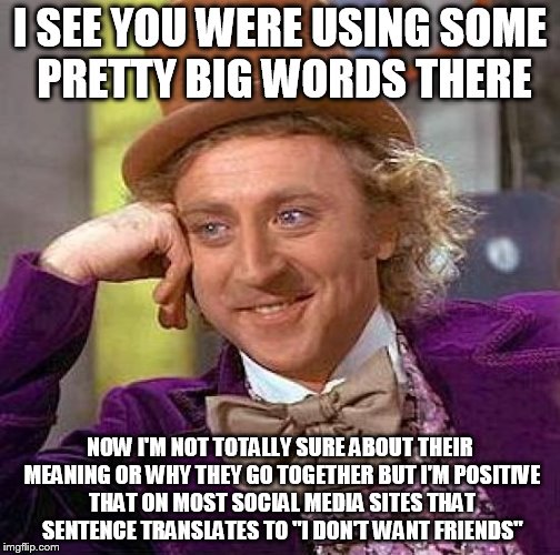 Creepy Condescending Wonka | I SEE YOU WERE USING SOME PRETTY BIG WORDS THERE; NOW I'M NOT TOTALLY SURE ABOUT THEIR MEANING OR WHY THEY GO TOGETHER BUT I'M POSITIVE THAT ON MOST SOCIAL MEDIA SITES THAT SENTENCE TRANSLATES TO "I DON'T WANT FRIENDS" | image tagged in memes,creepy condescending wonka | made w/ Imgflip meme maker