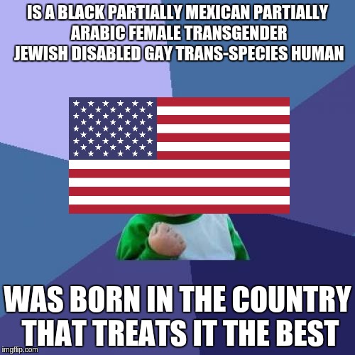AMERICA | IS A BLACK PARTIALLY MEXICAN PARTIALLY ARABIC FEMALE TRANSGENDER JEWISH DISABLED GAY TRANS-SPECIES HUMAN; WAS BORN IN THE COUNTRY THAT TREATS IT THE BEST | image tagged in memes,success kid,america,transgender,sjw,lgbt | made w/ Imgflip meme maker