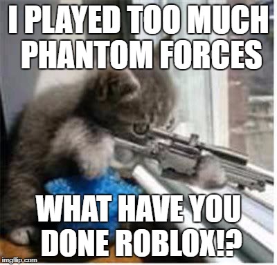 cats with guns | I PLAYED TOO MUCH PHANTOM FORCES; WHAT HAVE YOU DONE ROBLOX!? | image tagged in cats with guns,roblox | made w/ Imgflip meme maker