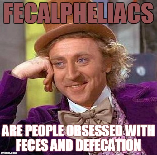 Creepy Condescending Wonka Meme | FECALPHELIACS ARE PEOPLE OBSESSED WITH FECES AND DEFECATION | image tagged in memes,creepy condescending wonka | made w/ Imgflip meme maker