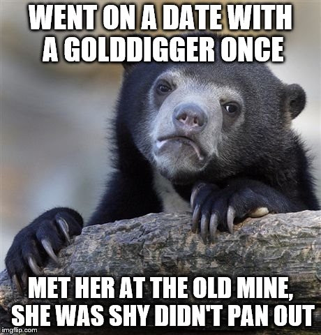 Confession Bear | WENT ON A DATE WITH A GOLDDIGGER ONCE; MET HER AT THE OLD MINE, SHE WAS SHY DIDN'T PAN OUT | image tagged in memes,confession bear | made w/ Imgflip meme maker