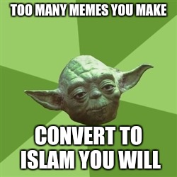 Advice Yoda | TOO MANY MEMES YOU MAKE; CONVERT TO ISLAM YOU WILL | image tagged in memes,advice yoda | made w/ Imgflip meme maker
