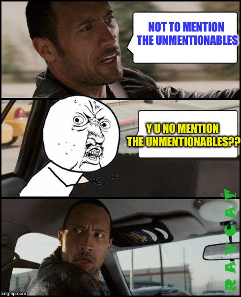 The Rock Driving Y U No | NOT TO MENTION THE UNMENTIONABLES; Y U NO MENTION THE UNMENTIONABLES?? | image tagged in the rock driving y u no,memes,the rock driving | made w/ Imgflip meme maker