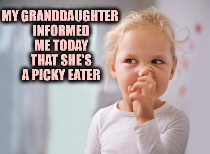 picky picky picky | MY GRANDDAUGHTER INFORMED ME TODAY THAT SHE'S A PICKY EATER | image tagged in eating,boogers,memes,kids | made w/ Imgflip meme maker