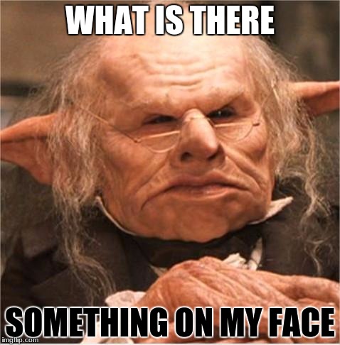 harry potter goblin | WHAT IS THERE; SOMETHING ON MY FACE | image tagged in harry potter goblin | made w/ Imgflip meme maker