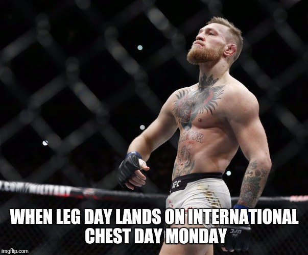 McLeggor | WHEN LEG DAY LANDS ON INTERNATIONAL CHEST DAY MONDAY | image tagged in gyme,memes,comedy | made w/ Imgflip meme maker
