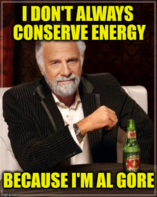 The Most Interesting Man In The World Meme | I DON'T ALWAYS CONSERVE ENERGY BECAUSE I'M AL GORE | image tagged in memes,the most interesting man in the world | made w/ Imgflip meme maker