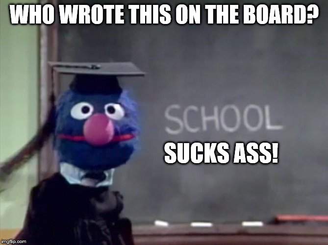 Grover | WHO WROTE THIS ON THE BOARD? SUCKS ASS! | image tagged in grover | made w/ Imgflip meme maker