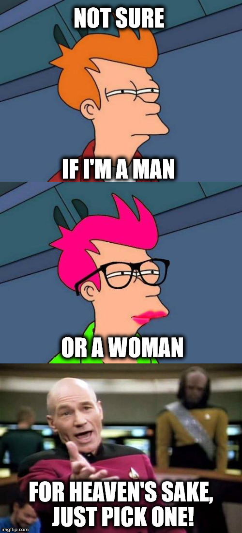 At this point, nobody cares | NOT SURE; IF I'M A MAN; OR A WOMAN; FOR HEAVEN'S SAKE, JUST PICK ONE! | image tagged in transgender,political correctness | made w/ Imgflip meme maker