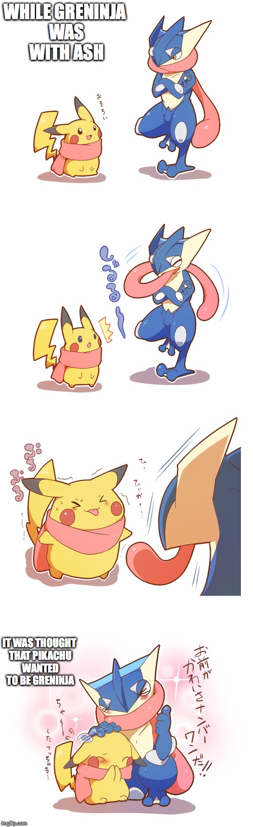 Pikachu and Greninja | WHILE GRENINJA WAS WITH ASH; IT WAS THOUGHT THAT PIKACHU WANTED TO BE GRENINJA | image tagged in pikachu,greninja,memes,pokemon | made w/ Imgflip meme maker