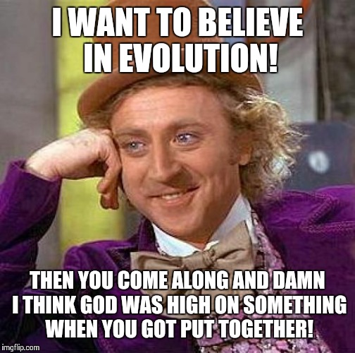 Evolutionary Quandary | I WANT TO BELIEVE IN EVOLUTION! THEN YOU COME ALONG AND DAMN I THINK GOD WAS HIGH ON SOMETHING WHEN YOU GOT PUT TOGETHER! | image tagged in memes,creepy condescending wonka,evolution | made w/ Imgflip meme maker