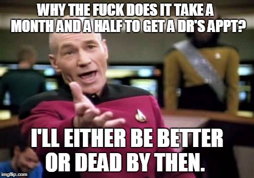 Picard Wtf Meme | WHY THE FUCK DOES IT TAKE A  MONTH AND A HALF TO GET A DR'S APPT? I'LL EITHER BE BETTER OR DEAD BY THEN. | image tagged in memes,picard wtf | made w/ Imgflip meme maker