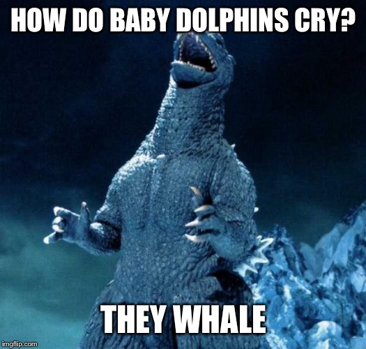 Laughing Godzilla | HOW DO BABY DOLPHINS CRY? THEY WHALE | image tagged in laughing godzilla | made w/ Imgflip meme maker