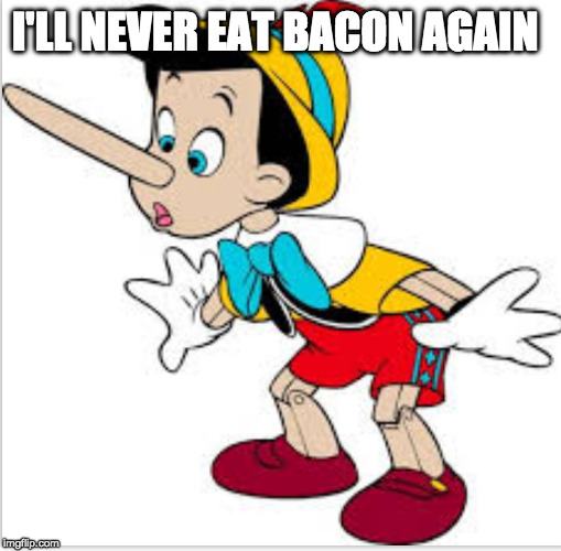 What? | I'LL NEVER EAT BACON AGAIN | image tagged in iwanttobebacon,iwanttobebaconcom,pinocchio,lying | made w/ Imgflip meme maker