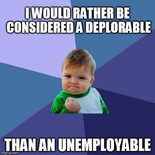 Success Kid Meme | I WOULD RATHER BE CONSIDERED A DEPLORABLE; THAN AN UNEMPLOYABLE | image tagged in memes,success kid | made w/ Imgflip meme maker