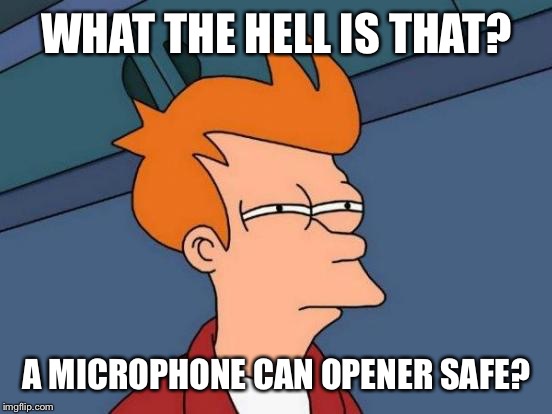 Futurama Fry | WHAT THE HELL IS THAT? A MICROPHONE CAN OPENER SAFE? | image tagged in memes,futurama fry | made w/ Imgflip meme maker