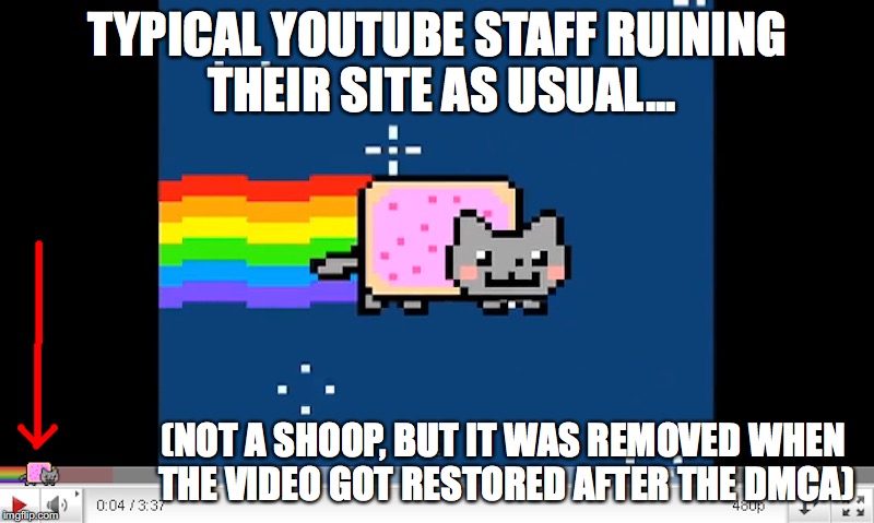YouTube During the Nyan Cat Craze | TYPICAL YOUTUBE STAFF RUINING THEIR SITE AS USUAL... (NOT A SHOOP, BUT IT WAS REMOVED WHEN THE VIDEO GOT RESTORED AFTER THE DMCA) | image tagged in nyan cat,youtube,memes | made w/ Imgflip meme maker