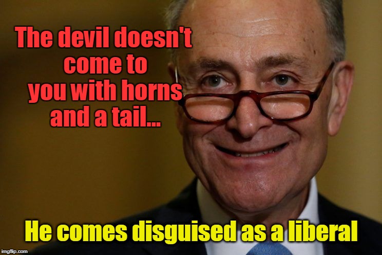 The devil doesn't come to you with horns and a tail... He comes disguised as a liberal | image tagged in chuck schummer | made w/ Imgflip meme maker