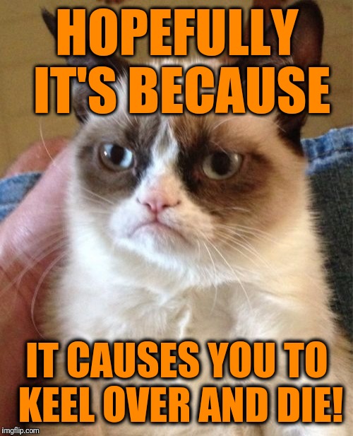 Grumpy Cat Meme | HOPEFULLY IT'S BECAUSE IT CAUSES YOU TO KEEL OVER AND DIE! | image tagged in memes,grumpy cat | made w/ Imgflip meme maker