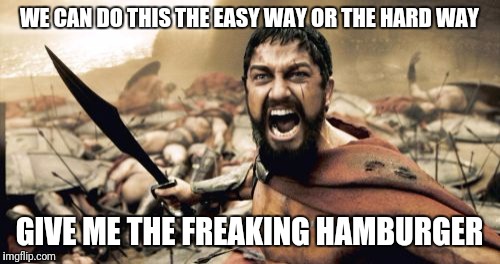 Sparta Leonidas | WE CAN DO THIS THE EASY WAY OR THE HARD WAY; GIVE ME THE FREAKING HAMBURGER | image tagged in memes,sparta leonidas | made w/ Imgflip meme maker