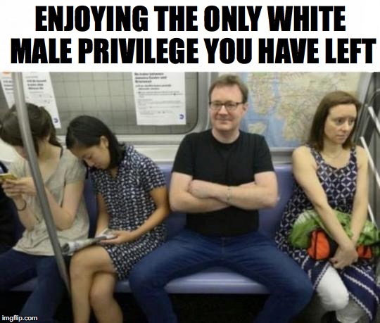 Manspreading | ENJOYING THE ONLY WHITE MALE PRIVILEGE YOU HAVE LEFT | image tagged in white privilege | made w/ Imgflip meme maker