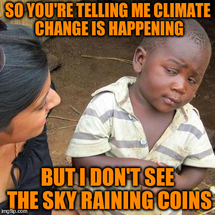 Third World Skeptical Kid Meme | SO YOU'RE TELLING ME CLIMATE CHANGE IS HAPPENING; BUT I DON'T SEE THE SKY RAINING COINS | image tagged in memes,third world skeptical kid | made w/ Imgflip meme maker