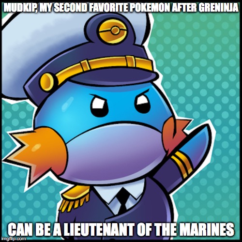 Mudkip | MUDKIP, MY SECOND FAVORITE POKEMON AFTER GRENINJA; CAN BE A LIEUTENANT OF THE MARINES | image tagged in mudkip,memes,pokemon | made w/ Imgflip meme maker