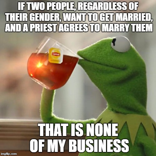 My $0.02 on the "same sex marriage" debate | IF TWO PEOPLE, REGARDLESS OF THEIR GENDER, WANT TO GET MARRIED, AND A PRIEST AGREES TO MARRY THEM; THAT IS NONE OF MY BUSINESS | image tagged in memes,but thats none of my business,kermit the frog | made w/ Imgflip meme maker