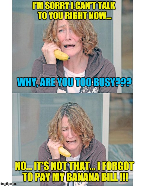 Going BANANAS | I'M SORRY I CAN'T TALK TO YOU RIGHT NOW... WHY, ARE YOU TOO BUSY??? NO... IT'S NOT THAT... I FORGOT TO PAY MY BANANA BILL !!! | image tagged in bad news banana phone,bad puns,jokes,insanity,going bananas | made w/ Imgflip meme maker