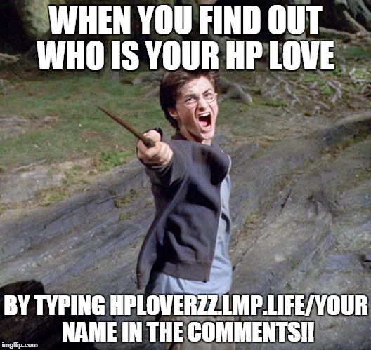 Harry potter | WHEN YOU FIND OUT WHO IS YOUR HP LOVE; BY TYPING HPLOVERZZ.LMP.LIFE/YOUR NAME IN THE COMMENTS!! | image tagged in harry potter | made w/ Imgflip meme maker