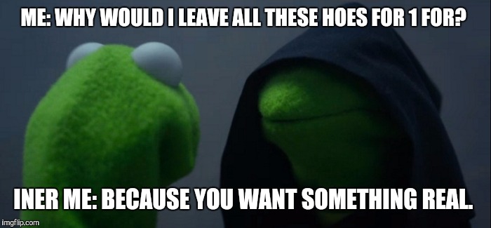 Evil Kermit | ME: WHY WOULD I LEAVE ALL THESE HOES FOR 1 FOR? INER ME: BECAUSE YOU WANT SOMETHING REAL. | image tagged in evil kermit | made w/ Imgflip meme maker