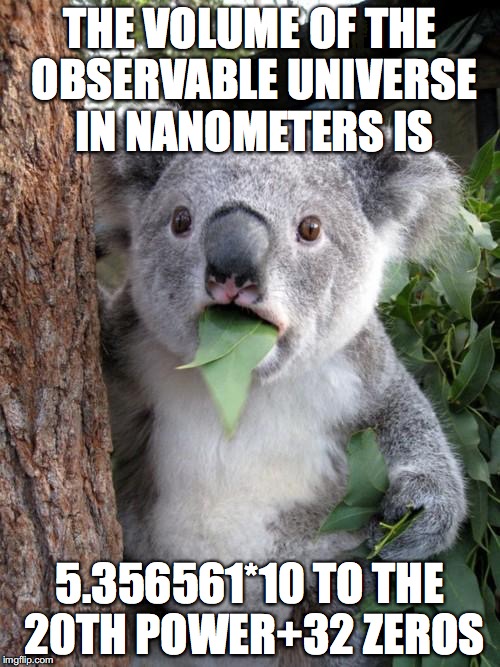 Surprised Koala Meme | THE VOLUME OF THE OBSERVABLE UNIVERSE IN NANOMETERS IS; 5.356561*10 TO THE 20TH POWER+32 ZEROS | image tagged in memes,surprised koala | made w/ Imgflip meme maker