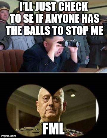 Mattis North Korea | I'LL JUST CHECK TO SE IF ANYONE HAS THE BALLS TO STOP ME; FML | image tagged in mattis north korea | made w/ Imgflip meme maker