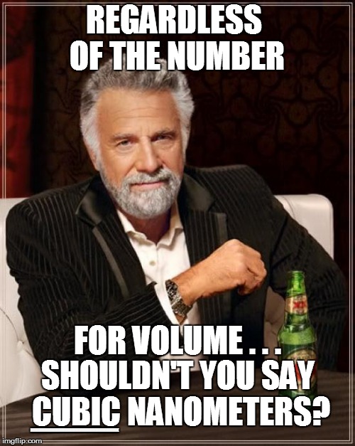 The Most Interesting Man In The World Meme | REGARDLESS OF THE NUMBER SHOULDN'T YOU SAY CUBIC NANOMETERS? EEEEEEEEEEEEEEEEEEEEEEEEEEEEEEEEEEEEEEEEEEEEEEEEEEEEEEEEEEEEEE FOR VOLUME . . . | image tagged in memes,the most interesting man in the world | made w/ Imgflip meme maker