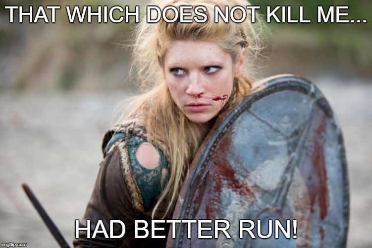 kill me or run | THAT WHICH DOES NOT KILL ME... HAD BETTER RUN! | image tagged in vikings,shieldmaiden | made w/ Imgflip meme maker