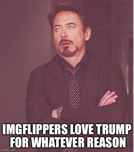 Face You Make Robert Downey Jr Meme | IMGFLIPPERS LOVE TRUMP FOR WHATEVER REASON | image tagged in memes,face you make robert downey jr | made w/ Imgflip meme maker