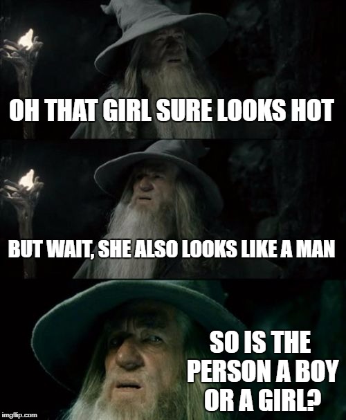 Confused Gandalf Meme | OH THAT GIRL SURE LOOKS HOT; BUT WAIT, SHE ALSO LOOKS LIKE A MAN; SO IS THE PERSON A BOY OR A GIRL? | image tagged in memes,confused gandalf | made w/ Imgflip meme maker