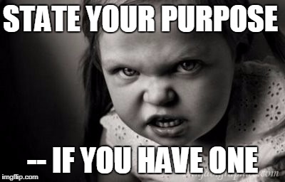 STATE YOUR PURPOSE; -- IF YOU HAVE ONE | image tagged in alice malice | made w/ Imgflip meme maker