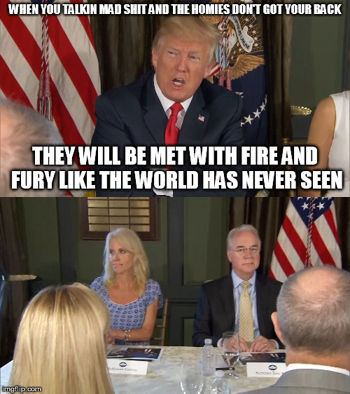 When you talking mad shit and the homies don't got your back | WHEN YOU TALKIN MAD SHIT AND THE HOMIES DON'T GOT YOUR BACK; THEY WILL BE MET WITH FIRE AND FURY LIKE THE WORLD HAS NEVER SEEN | image tagged in donald trump,president trump,trump,north korea,nuclear war,wwiii | made w/ Imgflip meme maker
