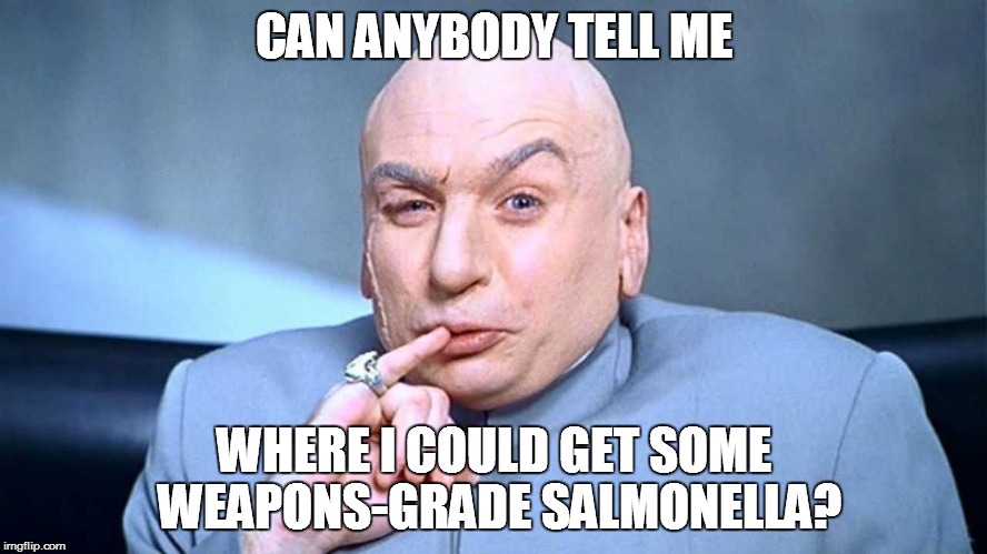 I want to give all overweight people nuclear diarrhea - and force them to be skinny!Muahahah ... Muahahah ... MUAH-HA-HA-HAAH! | CAN ANYBODY TELL ME; WHERE I COULD GET SOME WEAPONS-GRADE SALMONELLA? | image tagged in dr evil,wmd,terrorism,diarrhea | made w/ Imgflip meme maker