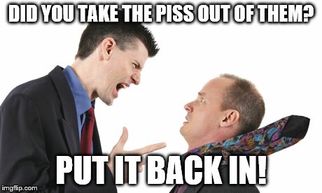 Boss scolding | DID YOU TAKE THE PISS OUT OF THEM? PUT IT BACK IN! | image tagged in boss scolding | made w/ Imgflip meme maker