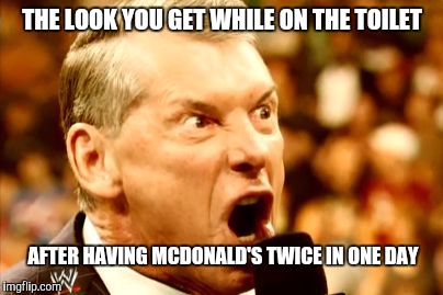 Vince McMahon Shout | THE LOOK YOU GET WHILE ON THE TOILET; AFTER HAVING MCDONALD'S TWICE IN ONE DAY | image tagged in vince mcmahon shout | made w/ Imgflip meme maker