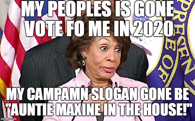 People would vote for her because she has a 'D' beside her name, her gender and race would only come second to the 'D'!  | MY PEOPLES IS GONE VOTE FO ME IN 2020 MY CAMPAMN SLOGAN GONE BE "AUNTIE MAXINE IN THE HOUSE!" | image tagged in maxine answers questions,maxine waters,mad max,democrat,2020 elections,memes | made w/ Imgflip meme maker
