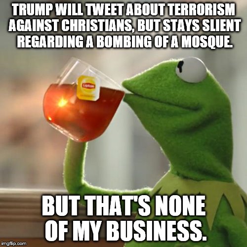 Can't say it's not true... | TRUMP WILL TWEET ABOUT TERRORISM AGAINST CHRISTIANS, BUT STAYS SLIENT REGARDING A BOMBING OF A MOSQUE. BUT THAT'S NONE OF MY BUSINESS. | image tagged in memes,but thats none of my business,kermit the frog,trump tweet | made w/ Imgflip meme maker