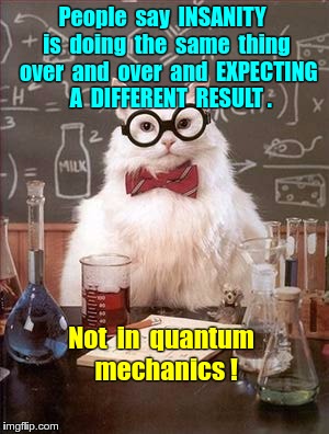 You Can't Be "A LITTLE Insane". | People  say  INSANITY  is  doing  the  same  thing  over  and  over  and  EXPECTING 
 A  DIFFERENT  RESULT . Not  in  quantum  mechanics ! | image tagged in science cat good day,insanity,quantum physics | made w/ Imgflip meme maker