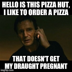 Liam Neeson Taken Meme | HELLO IS THIS PIZZA HUT, I LIKE TO ORDER A PIZZA; THAT DOESN'T GET MY DRAUGHT PREGNANT | image tagged in memes,liam neeson taken | made w/ Imgflip meme maker