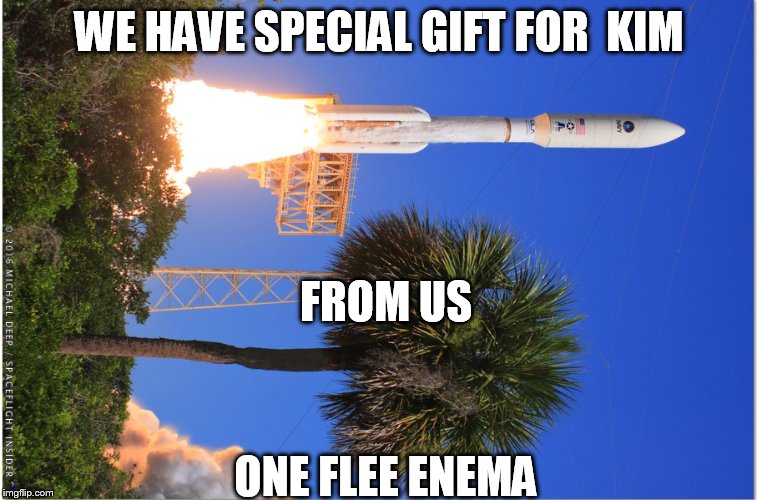 WE HAVE SPECIAL GIFT FOR  KIM; FROM US; ONE FLEE ENEMA | image tagged in kim jun gift,one enema | made w/ Imgflip meme maker