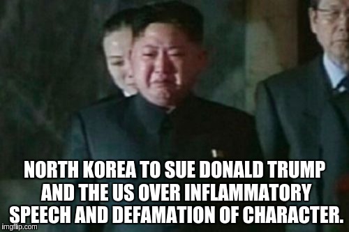Kim Jong Un Sad Meme | NORTH KOREA TO SUE DONALD TRUMP AND THE US OVER INFLAMMATORY SPEECH AND DEFAMATION OF CHARACTER. | image tagged in memes,kim jong un sad | made w/ Imgflip meme maker