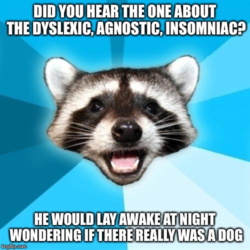 Lame Pun Coon Meme | DID YOU HEAR THE ONE ABOUT THE DYSLEXIC, AGNOSTIC, INSOMNIAC? HE WOULD LAY AWAKE AT NIGHT WONDERING IF THERE REALLY WAS A DOG | image tagged in memes,lame pun coon | made w/ Imgflip meme maker