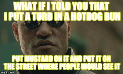 Matrix Morpheus | WHAT IF I TOLD YOU THAT I PUT A TURD IN A HOTDOG BUN; PUT MUSTARD ON IT AND PUT IT ON THE STREET WHERE PEOPLE WOULD SEE IT | image tagged in memes,matrix morpheus | made w/ Imgflip meme maker